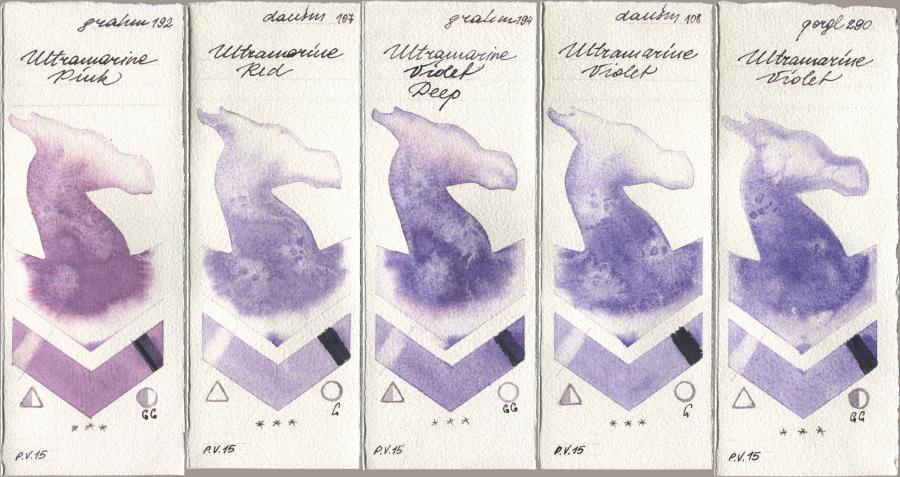 M. Graham & Co. Artists 192 Ultramarine Pink, Daniel Smith 107 Ultramarine Red, 194 Ultramarine Violet Deep, 108 Ultramarine Violet, Golden QOR 290 Ultramarine Viol watercolor swatch