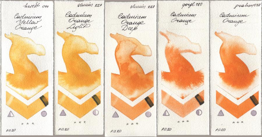 Holbein Artists Watercolor 044 Cadmium Yellow Orange, Shminke Horadam Aquarell 227 Cadmium Orange Light, 228 Cadmium Orange Deep, Golden QOR 180 Cadmium Orange, M. Graham & Co. Artists 038 Cadmium Oran watercolor swatch