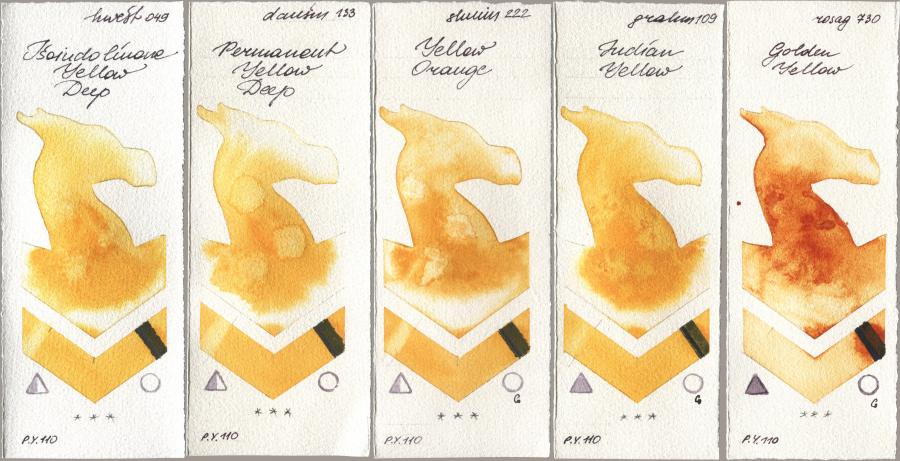 Holbein Artists Watercolor 049 Isoindolinone Yellow Deep, Daniel Smith 133 Permanent Yellow Deep, Shminke Horadam Aquarell 222 Yellow Orange, M. Graham & Co. Artists 109 Indian Yellow, Rosa Gallery 730 Golden Yell watercolor swatch