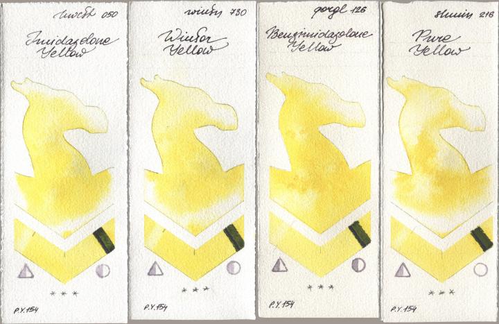 Holbein Artists Watercolor 050 Imidazolone Yellow, Winsor & Newton Professional 730 Winsor Yellow, Golden QOR 126 Benzimidazolone Yellow, Shminke Horadam Aquarell 216 Pure Yell watercolor swatch