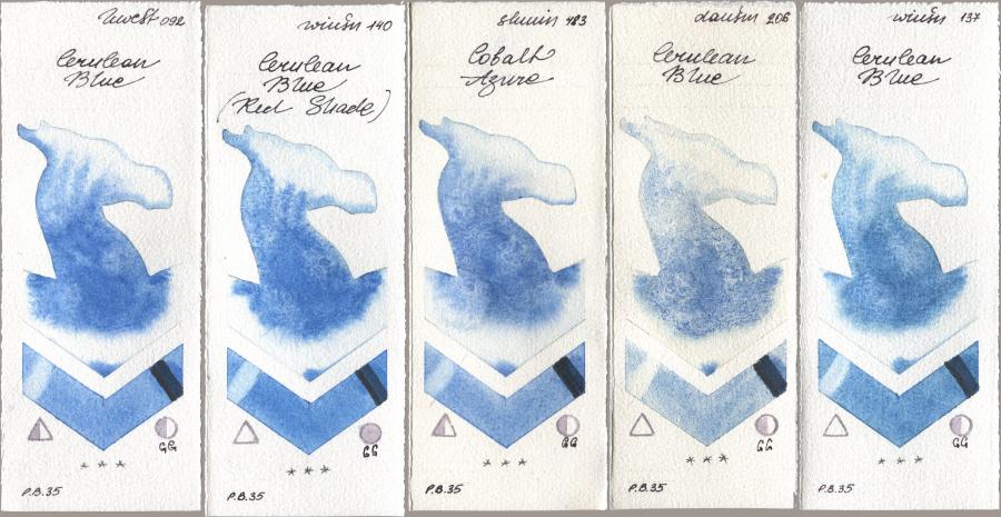 Holbein Artists Watercolor 092 Cerulean Blue, Winsor & Newton Professional 140 Cerulean Blue (Red Shade), Shminke Horadam Aquarell 483 Cobalt Azure, Daniel Smith 206 Cerulean Blue, 137 Cerulean Bl watercolor swatch
