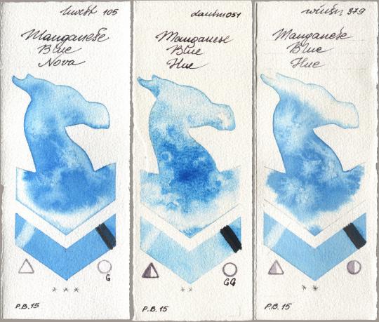 Holbein Artists Watercolor 105 Manganese Blue Nova, Daniel Smith 051 Manganese Blue Hue, Winsor & Newton Professional 379 Manganese Blue H watercolor swatch