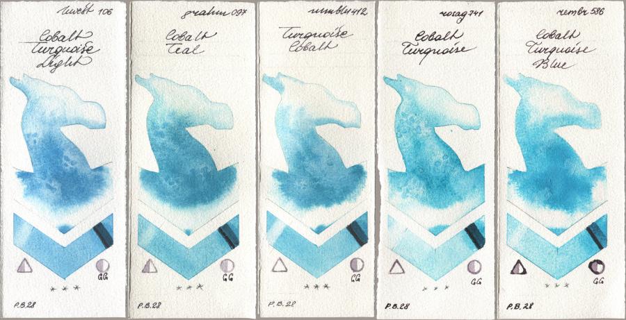 Holbein Artists Watercolor 106 Cobalt Turquoise Light, M. Graham & Co. Artists 097 Cobalt Teal, Maimeri Blu 412 Turquoise Cobalt, Rosa Gallery 741 Cobalt Turquoise, Royal Talens Rembrandt Watercolour 586 Cobalt Turquoise Bl watercolor swatch