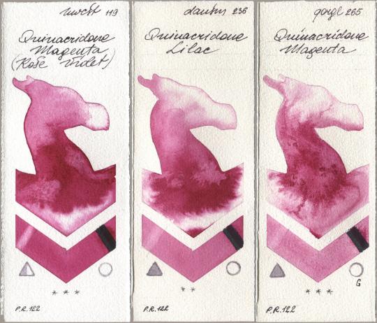 Holbein Artists Watercolor 119 Quinacridone Magenta (Rose Violet), Daniel Smith 236 Quinacridone Lilac, Golden QOR 265 Quinacridone Magen watercolor swatch