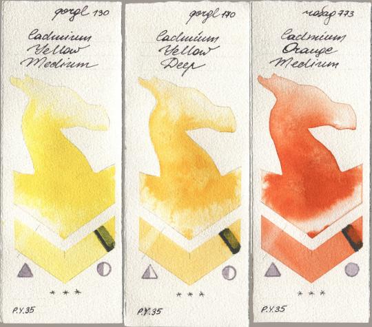 Golden QOR 130 Cadmium Yellow Medium, 170 Cadmium Yellow Deep, Rosa Gallery 773 Cadmium Orange Medi watercolor swatch