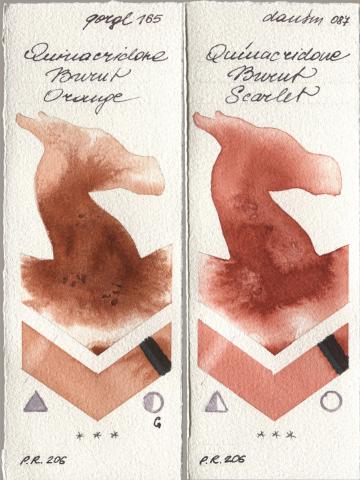 Golden QOR 165 Quinacridone Burnt Orange, Daniel Smith 087 Quinacridone Burnt Scarl watercolor swatch