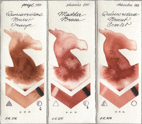 Golden QOR 165 Quinacridone Burnt Orange, Shminke Horadam Aquarell 670 Madder Brown, Daniel Smith 087 Quinacridone Burnt Scarl watercolor swatch