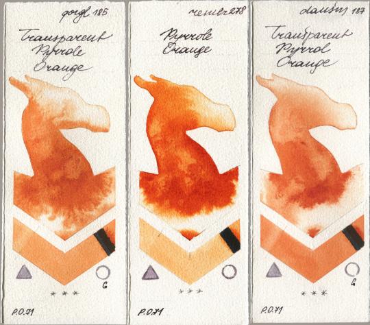Golden QOR 185 Transparent Pyrrole Orange, Royal Talens Rembrandt Watercolour 278 Pyrrole Orange, Daniel Smith 187 Transparent Pyrrol Oran watercolor swatch