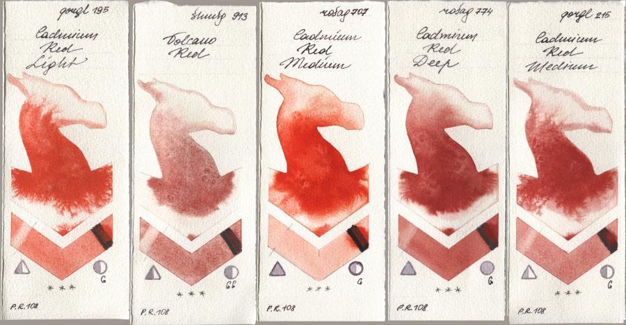 Golden QOR 195 Cadmium Red Light, Shminke Horadam Aquarell 913 Volcano Red, Rosa Gallery 707 Cadmium Red Medium, 774 Cadmium Red Deep, 215 Cadmium Red Medi watercolor swatch