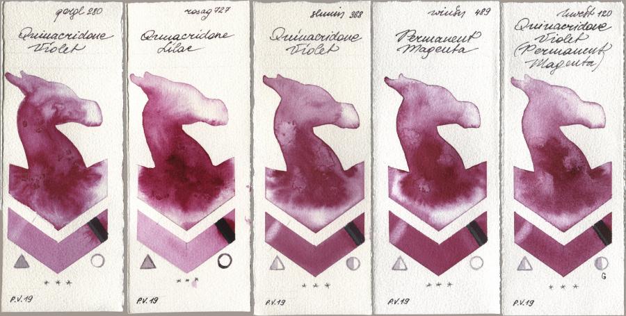 Golden QOR 280 Quinacridone Violet, Rosa Gallery 727 Quinacridone Lilac, Shminke Horadam Aquarell 368 Quinacridone Violet, Winsor & Newton Professional 489 Permanent Magenta, Holbein Artists Watercolor 120 Quinacridone Violet (Permanent Magent watercolor swatch