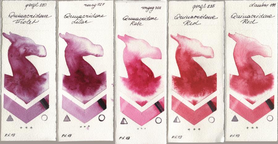 Golden QOR 280 Quinacridone Violet, Rosa Gallery 727 Quinacridone Lilac, Royal Talens Van Gogh Watercolour 366 Quinacridone Rose, 235 Quinacridone Red, Daniel Smith 091 Quinacridone R watercolor swatch