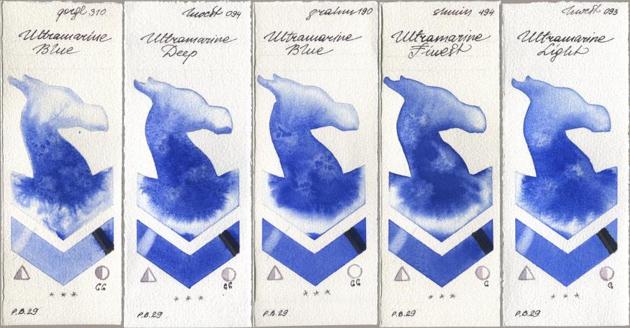 Golden QOR 310 Ultramarine Blue, Holbein Artists Watercolor 094 Ultramarine Deep, M. Graham & Co. Artists 190 Ultramarine Blue, Shminke Horadam Aquarell 494 Ultramarine Finest, 093 Ultramarine Lig watercolor swatch