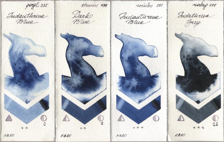 Golden QOR 335 Indanthrone Blue, Shminke Horadam Aquarell 498 Dark Blue, Winsor & Newton Professional 321 Indanthrene Blue, Rosa Gallery 778 Indanthrene Gr watercolor swatch