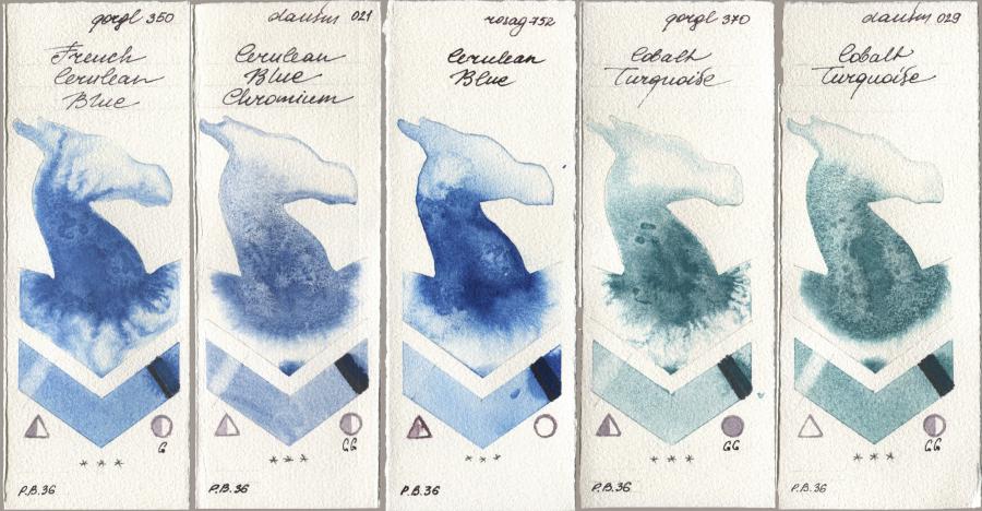 Golden QOR 350 French Cerulean Blue, Daniel Smith 021 Cerulean Blue Chromium, Rosa Gallery 752 Cerulean Blue, 370 Cobalt Turquoise, 029 Cobalt Turquoi watercolor swatch