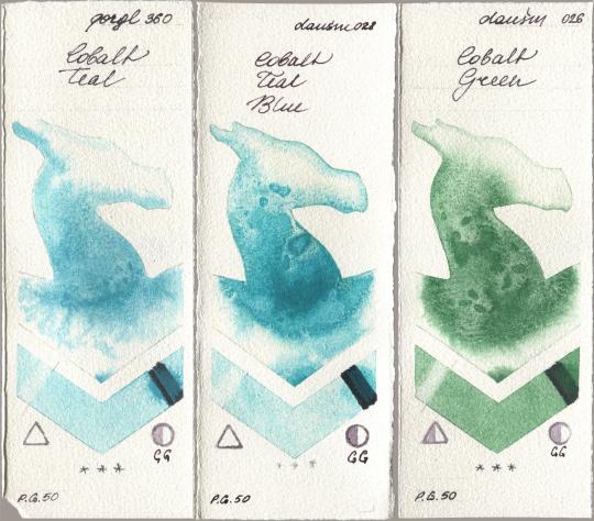 Golden QOR 360 Cobalt Teal, Daniel Smith 028 Cobalt Teal Blue, 026 Cobalt Gre watercolor swatch