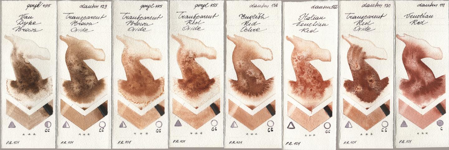 Golden QOR 495 Van Dyke Brown, Daniel Smith 129 Transparent Brown Oxide, 475 Transparent Brown Oxide, 455 Transparent Red Oxide, 136 English Red Ochre, 122 Italian Venetian Red, 130 Transparent Red Oxide, 111 Venetian R watercolor swatch