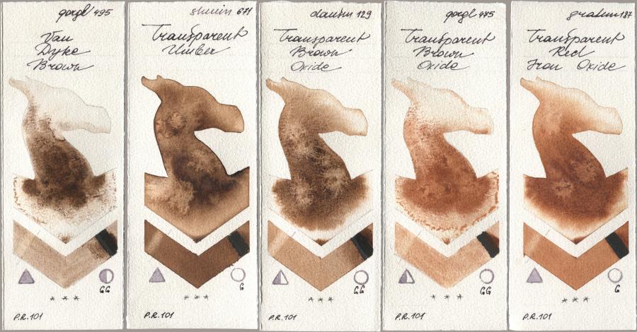 Golden QOR 495 Van Dyke Brown, Shminke Horadam Aquarell 671 Transparent Umber, Daniel Smith 129 Transparent Brown Oxide, 475 Transparent Brown Oxide, M. Graham & Co. Artists 187 Transparent Red Iron Oxi watercolor swatch