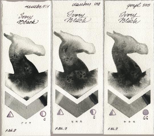 Royal Talens Rembrandt Watercolour 701 Ivory Black, Daniel Smith 048 Ivory Black, Golden QOR 505 Ivory Bla watercolor swatch