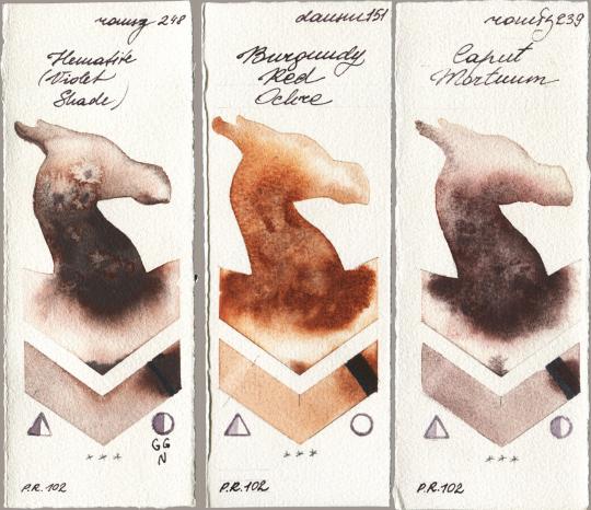 Roman Szmal Aquarius 248 Hematite (Violet Shade) vs Daniel Smith 151 Burgundy Red Ochre vs 239 Caput Mortuum watercolor swatch