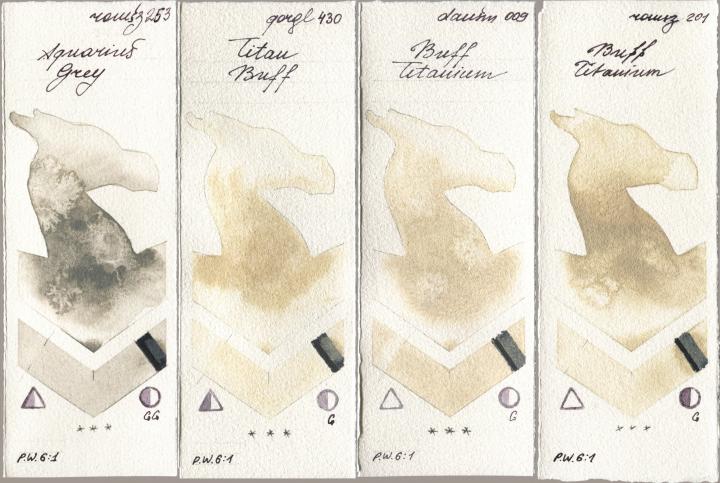 Roman Szmal Aquarius 253 Aquarius Grey, Golden QOR 430 Titan Buff, Daniel Smith 009 Buff Titanium, 201 Buff Titani watercolor swatch