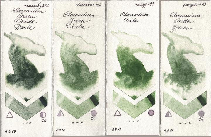 Roman Szmal Aquarius 270 Chromium Green Oxide Dark, Daniel Smith 024 Chromium Green Oxide, Rosa Gallery 743 Chromium Oxide, Golden QOR 410 Chromium Oxide Gre watercolor swatch