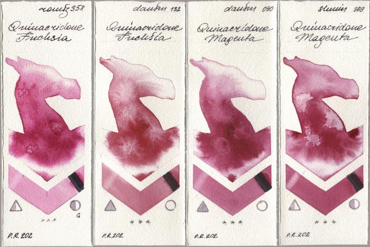Roman Szmal Aquarius 358 Quinacridone Fuchsia, Daniel Smith 132 Quinacridone Fuchsia, 090 Quinacridone Magenta, Shminke Horadam Aquarell 369 Quinacridone Magen watercolor swatch