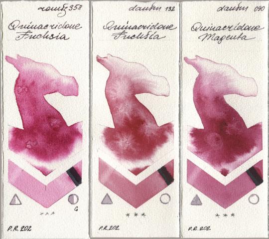 Roman Szmal Aquarius 358 Quinacridone Fuchsia, Daniel Smith 132 Quinacridone Fuchsia, 090 Quinacridone Magen watercolor swatch