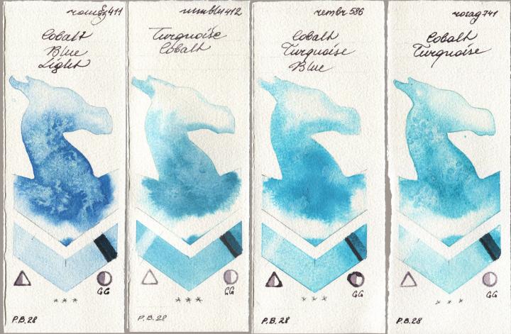 Roman Szmal Aquarius 411 Cobalt Blue Light, Maimeri Blu 412 Turquoise Cobalt, Royal Talens Rembrandt Watercolour 586 Cobalt Turquoise Blue, Rosa Gallery 741 Cobalt Turquoi watercolor swatch