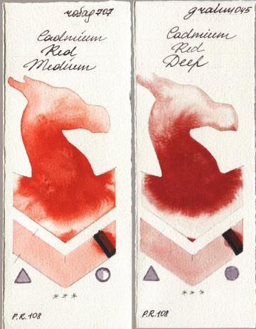 Rosa Gallery 707 Cadmium Red Medium vs M. Graham & Co. Artists 045 Cadmium Red Deep watercolor swatch