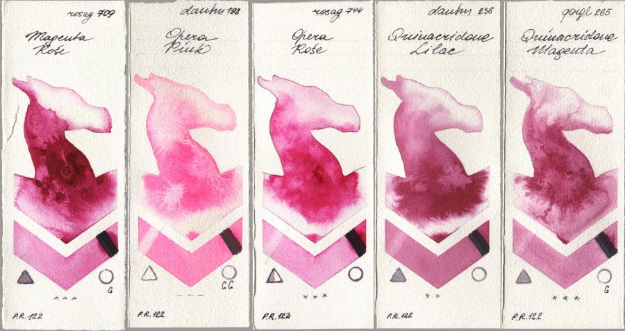 Rosa Gallery 709 Magenta Rose, Daniel Smith 198 Opera Pink, 744 Opera Rose, 236 Quinacridone Lilac, Golden QOR 265 Quinacridone Magen watercolor swatch