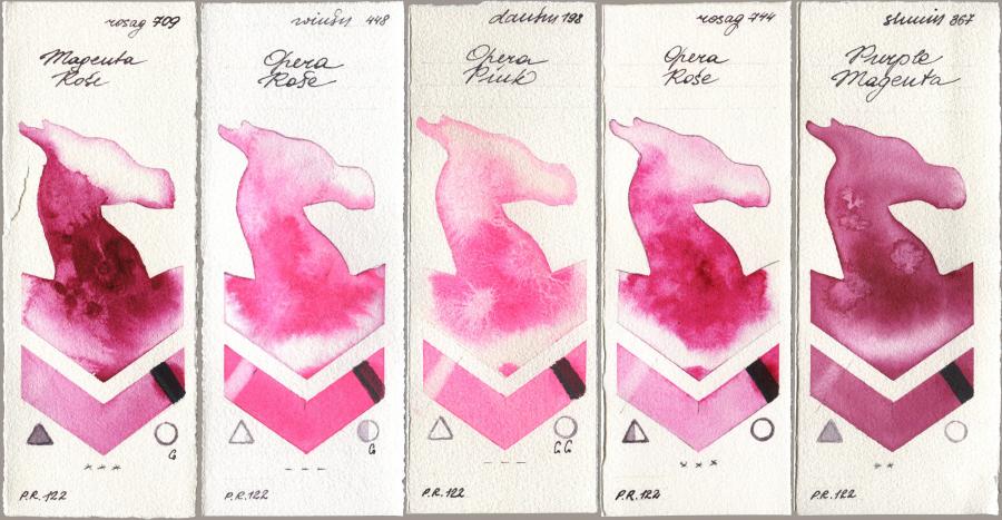 Rosa Gallery 709 Magenta Rose, Winsor & Newton Professional 448 Opera Rose, Daniel Smith 198 Opera Pink, 744 Opera Rose, Shminke Horadam Aquarell 367 Purple Magen watercolor swatch