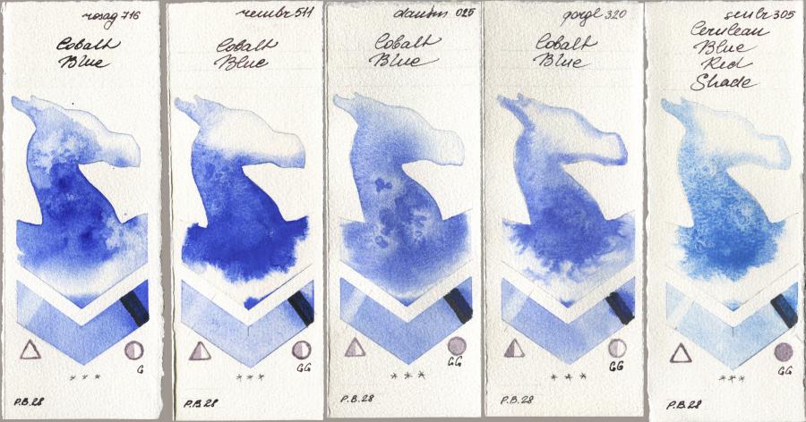 Rosa Gallery 716 Cobalt Blue, Royal Talens Rembrandt Watercolour 511 Cobalt Blue, Daniel Smith 025 Cobalt Blue, Golden QOR 320 Cobalt Blue, Sennelier l Aquarelle 305 Cerulean Blue Red Sha watercolor swatch