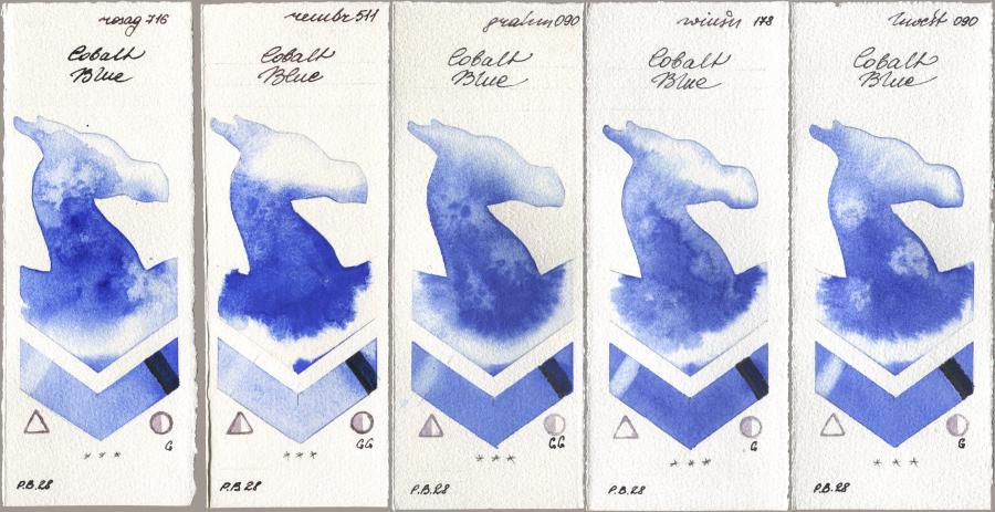 Rosa Gallery 716 Cobalt Blue, Royal Talens Rembrandt Watercolour 511 Cobalt Blue, M. Graham & Co. Artists 090 Cobalt Blue, Winsor & Newton Professional 178 Cobalt Blue, Holbein Artists Watercolor 090 Cobalt Bl watercolor swatch