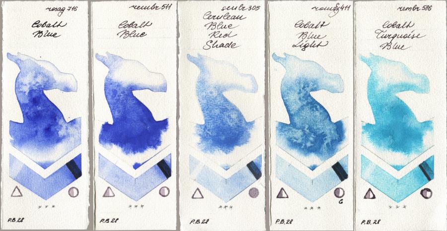 Rosa Gallery 716 Cobalt Blue vs Royal Talens Rembrandt Watercolour 511 Cobalt Blue vs Sennelier l Aquarelle 305 Cerulean Blue Red Shade vs Roman Szmal Aquarius 411 Cobalt Blue Light vs 586 Cobalt Turquoise Blue watercolor swatch