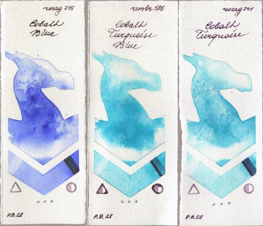 Rosa Gallery 716 Cobalt Blue vs Royal Talens Rembrandt Watercolour 586 Cobalt Turquoise Blue vs 741 Cobalt Turquoise watercolor swatch