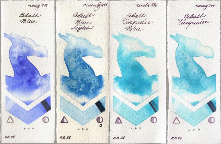 Rosa Gallery 716 Cobalt Blue vs Roman Szmal Aquarius 411 Cobalt Blue Light vs Royal Talens Rembrandt Watercolour 586 Cobalt Turquoise Blue vs 741 Cobalt Turquoise watercolor swatch