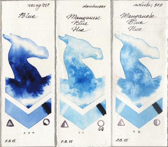 Rosa Gallery 718 Blue, Daniel Smith 051 Manganese Blue Hue, Winsor & Newton Professional 379 Manganese Blue H watercolor swatch