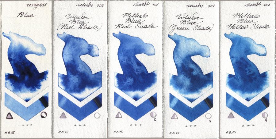 Rosa Gallery 718 Blue, Winsor & Newton Professional 709 Winsor Blue (Red Shade), Holbein Artists Watercolor 108 Phthalo Blue Red Shade, 707 Winsor Blue (Green Shade), 107 Phthalo Blue Yellow Sha watercolor swatch