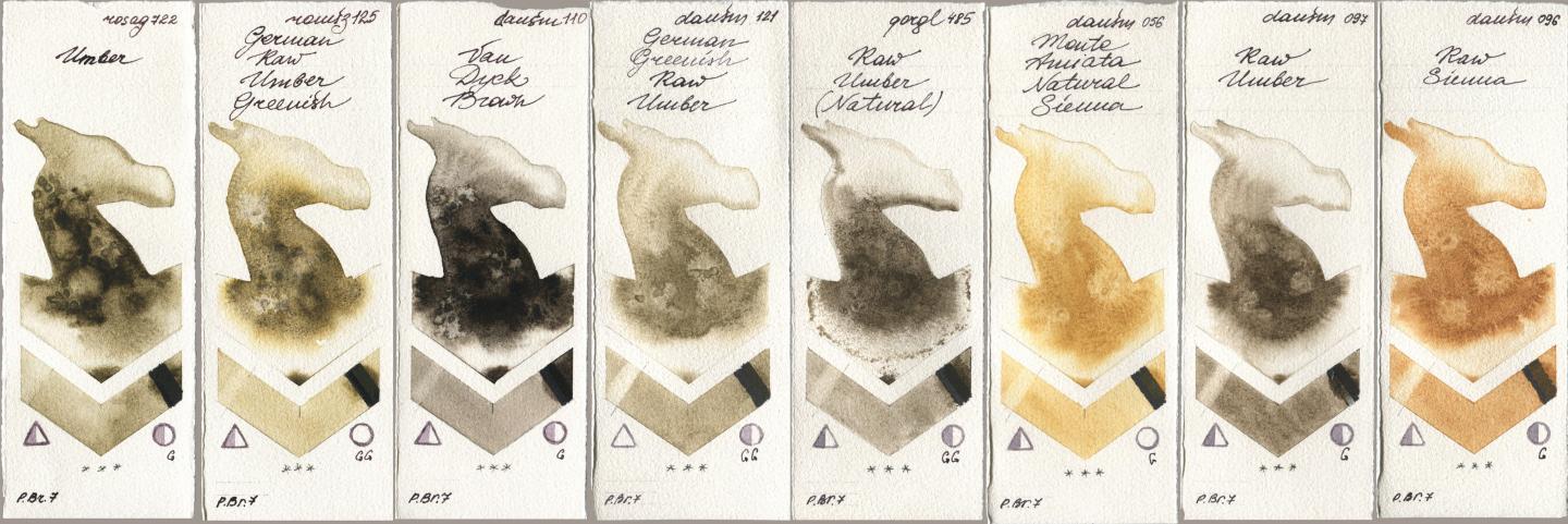 Rosa Gallery 722 Umber, Roman Szmal Aquarius 125 German Raw Umber Greenish, Daniel Smith 110 Van Dyck Brown, 121 German Greenish Raw Umber, Golden QOR 485 Raw Umber (Natural), 056 Monte Amiata Natural Sienna, 097 Raw Umber, 096 Raw Sien watercolor swatch