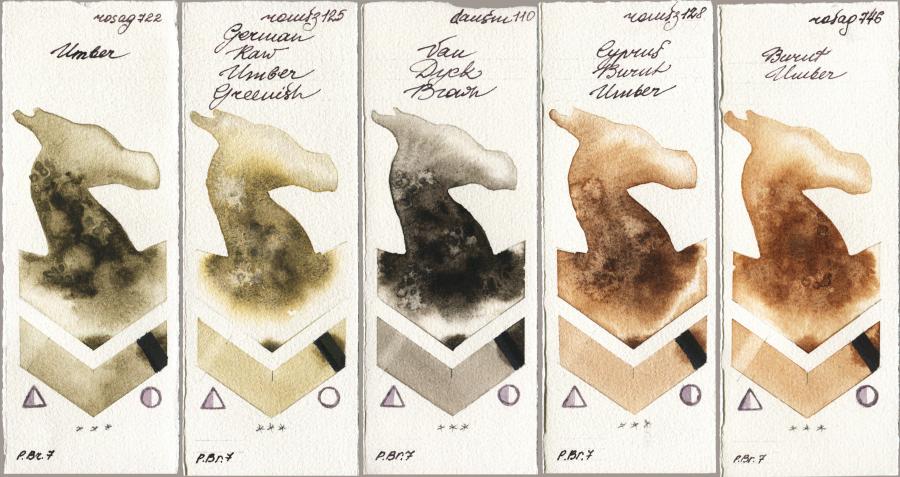 Rosa Gallery 722 Umber vs Roman Szmal Aquarius 125 German Raw Umber Greenish vs Daniel Smith 110 Van Dyck Brown vs 128 Cyprus Burnt Umber vs 746 Burnt Umber watercolor swatch