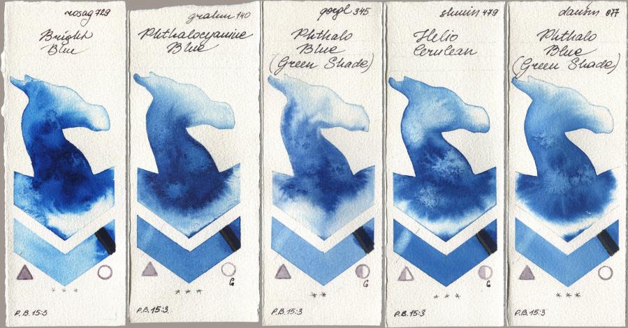 Rosa Gallery 729 Bright Blue, M. Graham & Co. Artists 140 Phthalocyanine Blue, Golden QOR 345 Phthalo Blue (Green Shade), Shminke Horadam Aquarell 479 Helio Cerulean, Daniel Smith 077 Phthalo Blue (Green Shad watercolor swatch