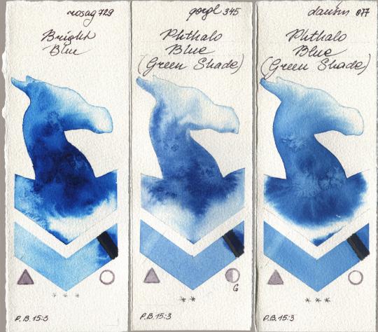 Rosa Gallery 729 Bright Blue, Golden QOR 345 Phthalo Blue (Green Shade), Daniel Smith 077 Phthalo Blue (Green Shad watercolor swatch