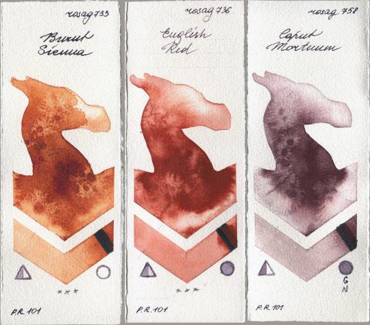 Rosa Gallery 733 Burnt Sienna vs 736 English Red vs 758 Caput Mortuum watercolor swatch