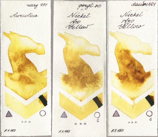 Rosa Gallery 751 Aureoline, Golden QOR 140 Nickel Azo Yellow, Daniel Smith 061 Nickel Azo Yell watercolor swatch