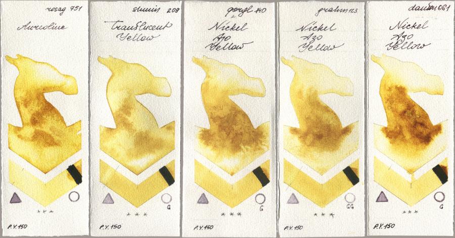 Rosa Gallery 751 Aureoline, Shminke Horadam Aquarell 209 Translucent Yellow, Golden QOR 140 Nickel Azo Yellow, M. Graham & Co. Artists 123 Nickel Azo Yellow, Daniel Smith 061 Nickel Azo Yell watercolor swatch
