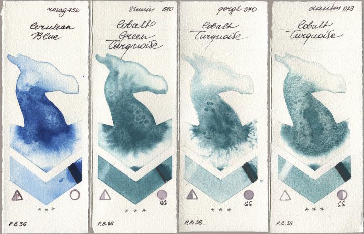 Rosa Gallery 752 Cerulean Blue, Shminke Horadam Aquarell 510 Cobalt Green Turquoise, Golden QOR 370 Cobalt Turquoise, Daniel Smith 029 Cobalt Turquoi watercolor swatch