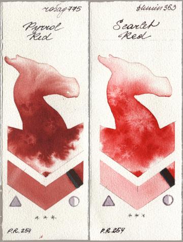 Rosa Gallery 775 Pyrrole Red, Shminke Horadam Aquarell 363 Scarlet R watercolor swatch