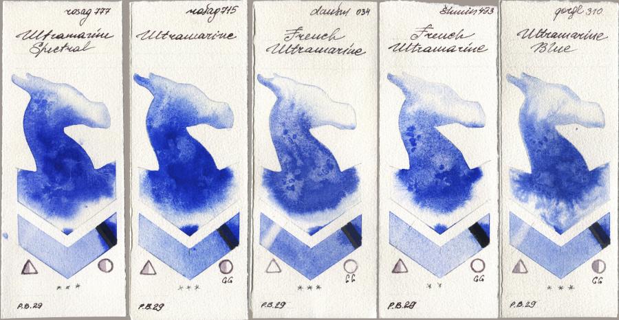 Rosa Gallery 777 Ultramarine Spectral, 715 Ultramarine, Daniel Smith 034 French Ultramarine, Shminke Horadam Aquarell 493 French Ultramarine, Golden QOR 310 Ultramarine Bl watercolor swatch
