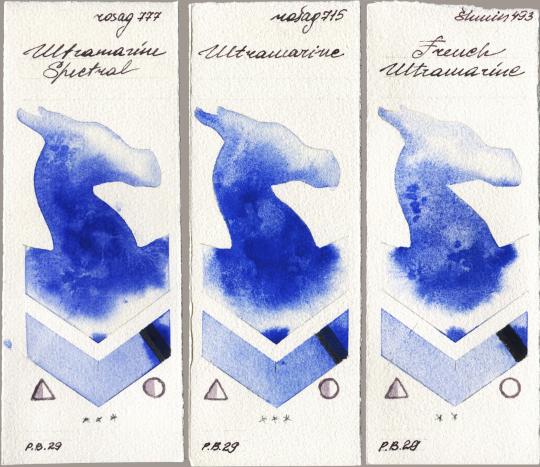 Rosa Gallery 777 Ultramarine Spectral vs 715 Ultramarine vs Shminke Horadam Aquarell 493 French Ultramarine watercolor swatch