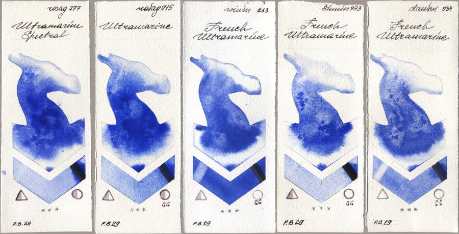 Rosa Gallery 777 Ultramarine Spectral, 715 Ultramarine, Winsor & Newton Professional 263 French Ultramarine, Shminke Horadam Aquarell 493 French Ultramarine, Daniel Smith 034 French Ultramari watercolor swatch